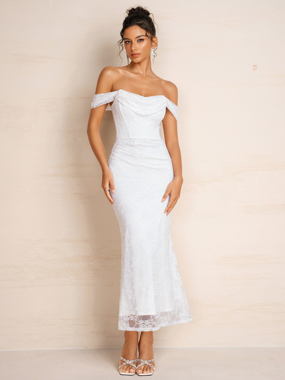Off Shoulder Backless Ruched Lace Maxi Dress