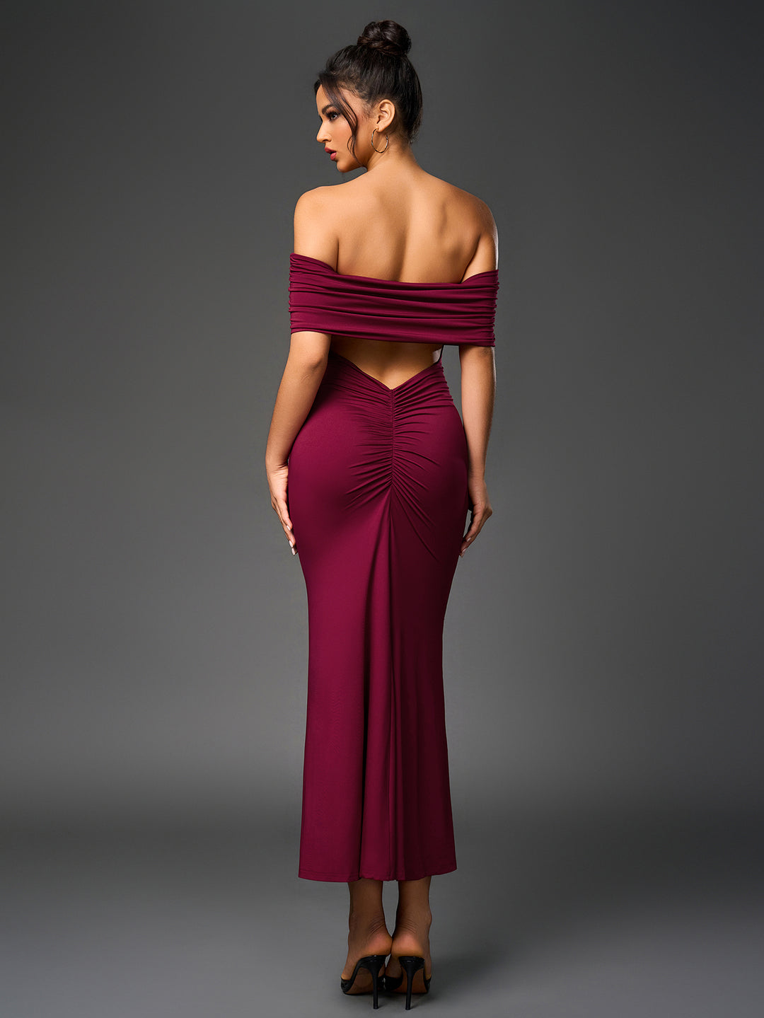 Off Shoulder Cut Out Back Ruched Bodycon Dress, Wine / XS