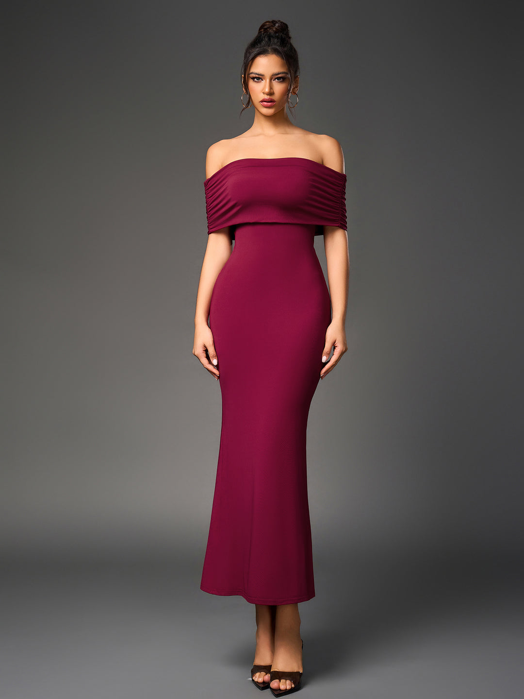 Off Shoulder Cut Out Back Ruched Bodycon Dress, Wine / XS Off Shoulder Cut Out Back Ruched Bodycon Dress, Wine / XS