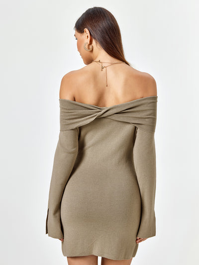 draped off shoulder sweater mini dress#color_olive