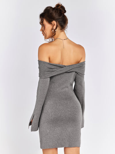 draped off shoulder sweater mini dress#color_gray