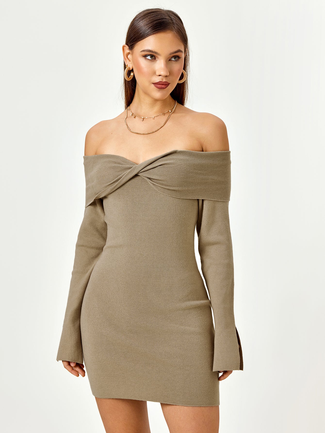 off shoulder draped sweater olive mini dress#color_olive