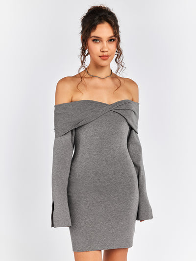 off shoulder draped sweater gray mini dress#color_gray