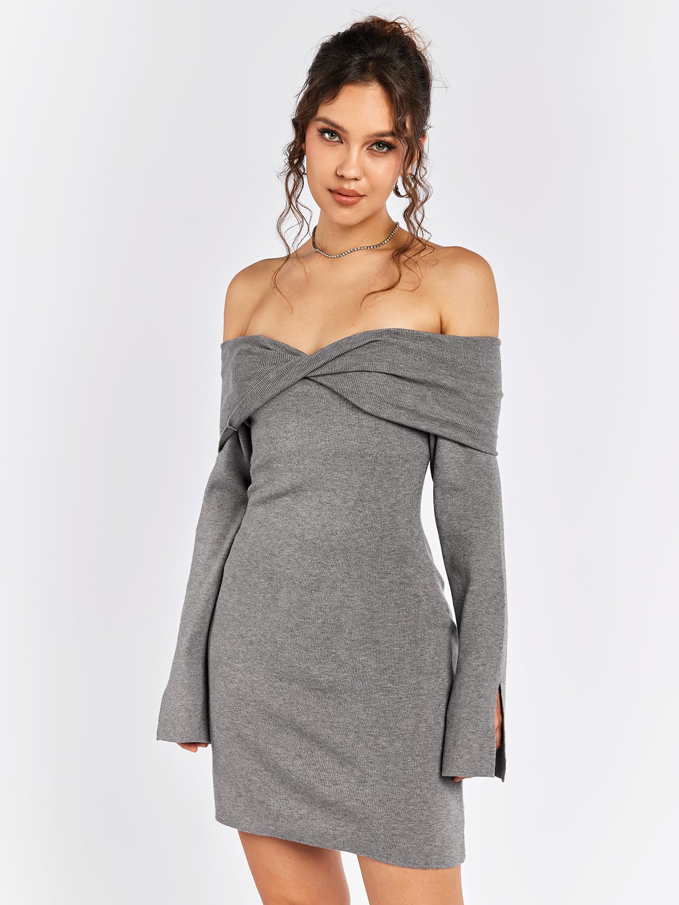 off shoulder draped sweater mini dress#color_gray