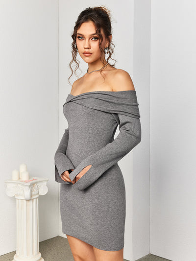 draped off shoulder backless sweater mini dress#color_gray