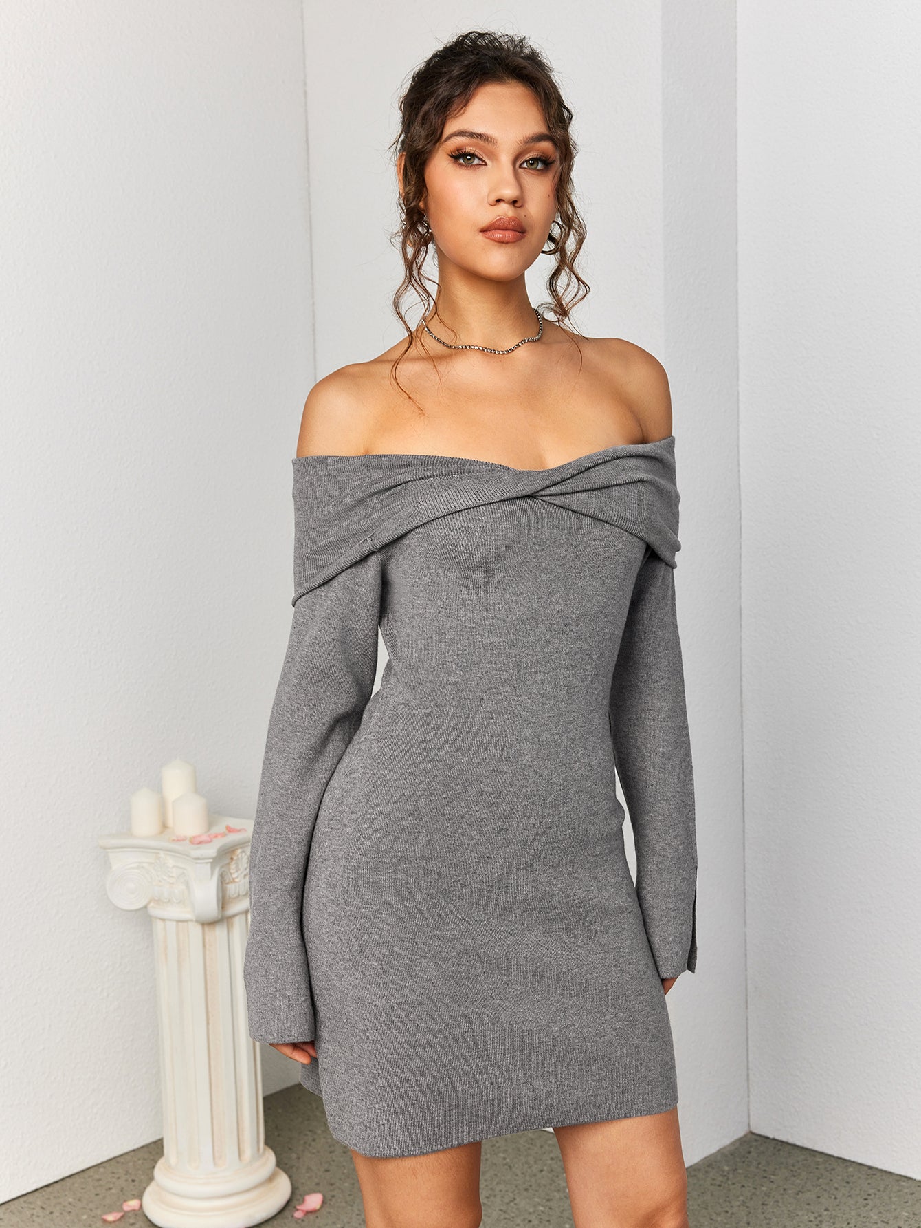 backless off shoulder draped sweater mini dress#color_gray