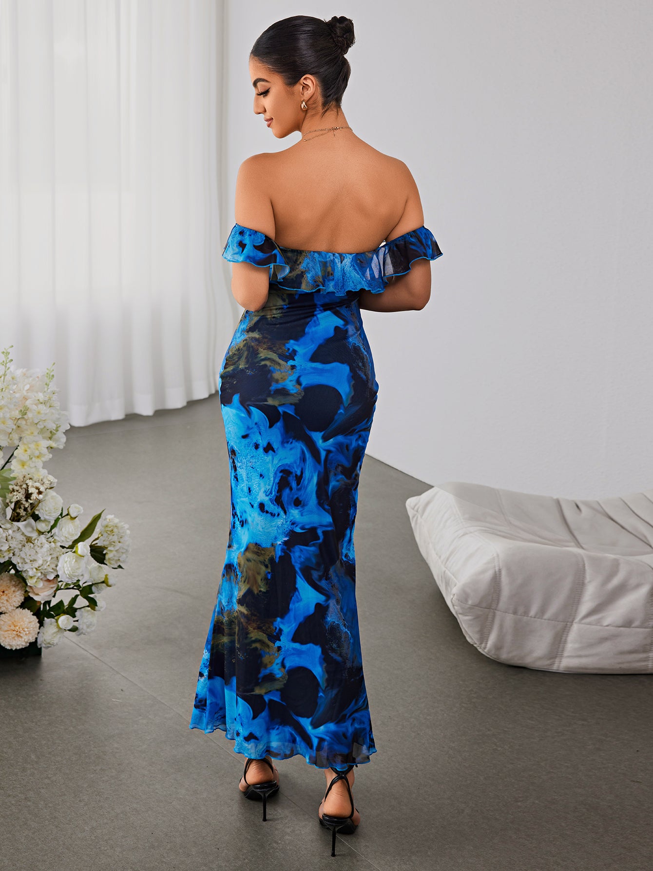floral off shoulder mesh mermaid dress#color_bf