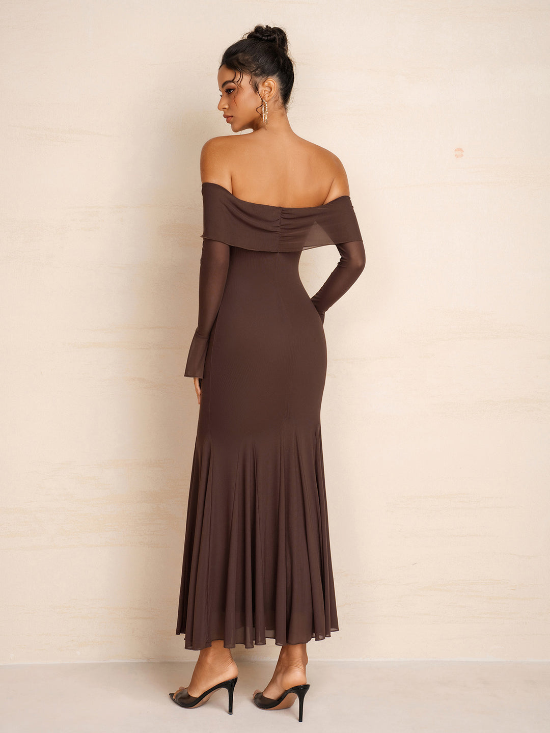 Off Shoulder Mesh Flounce Sleeve Bodycon Dress