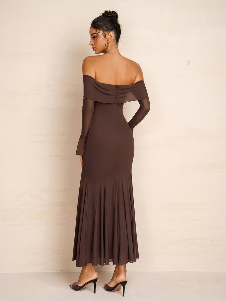 Off Shoulder Mesh Flounce Sleeve Bodycon Dress