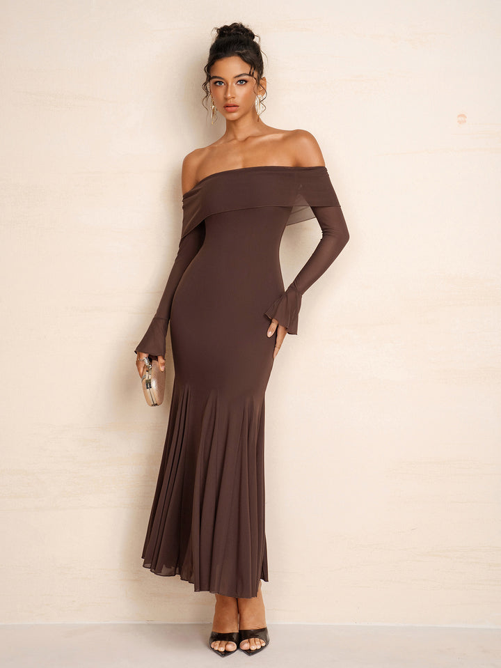 Mesh Off Shoulder Flounce Sleeve Bodycon Dress