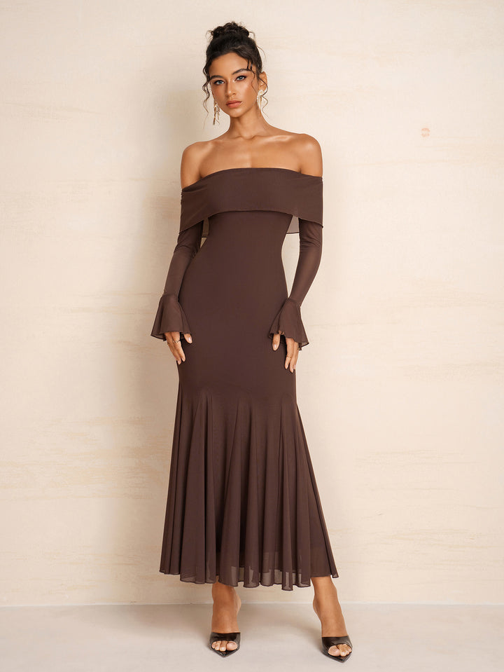 Off Shoulder Flounce Sleeve Mesh Bodycon Dress