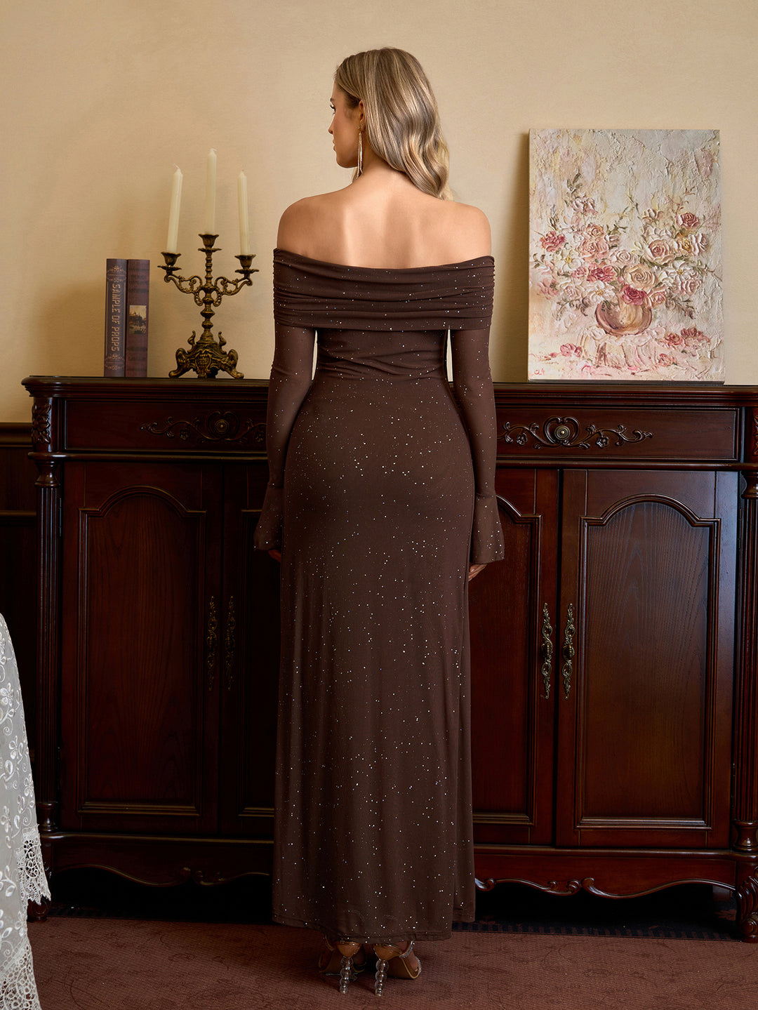 Off Shoulder Mesh Flounce Sleeve Sequin Dress#color_brown