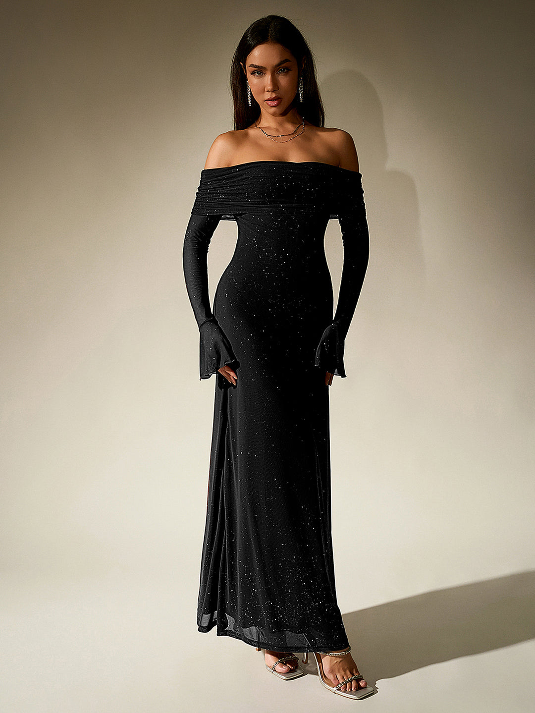 Off Shoulder Flounce Sleeve Mesh Sequin Dress Parthea Fashion Off Shoulder Flounce Sleeve Mesh Sequin Dress Parthea Fashion