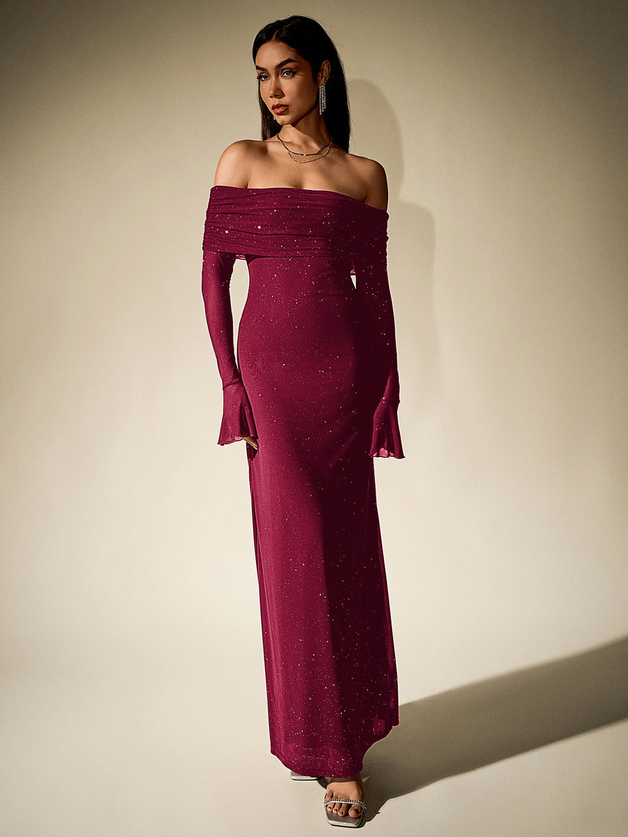 Off-Shoulder Flounce Sleeve Midi Dress