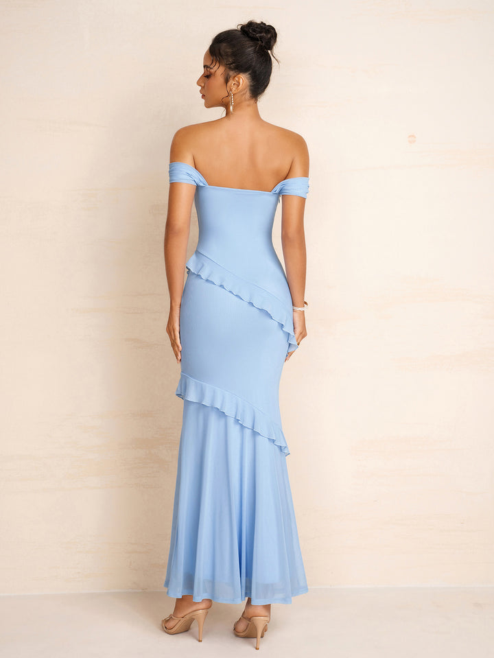 Off Shoulder Bodycon Flounce Trim Mesh Dress