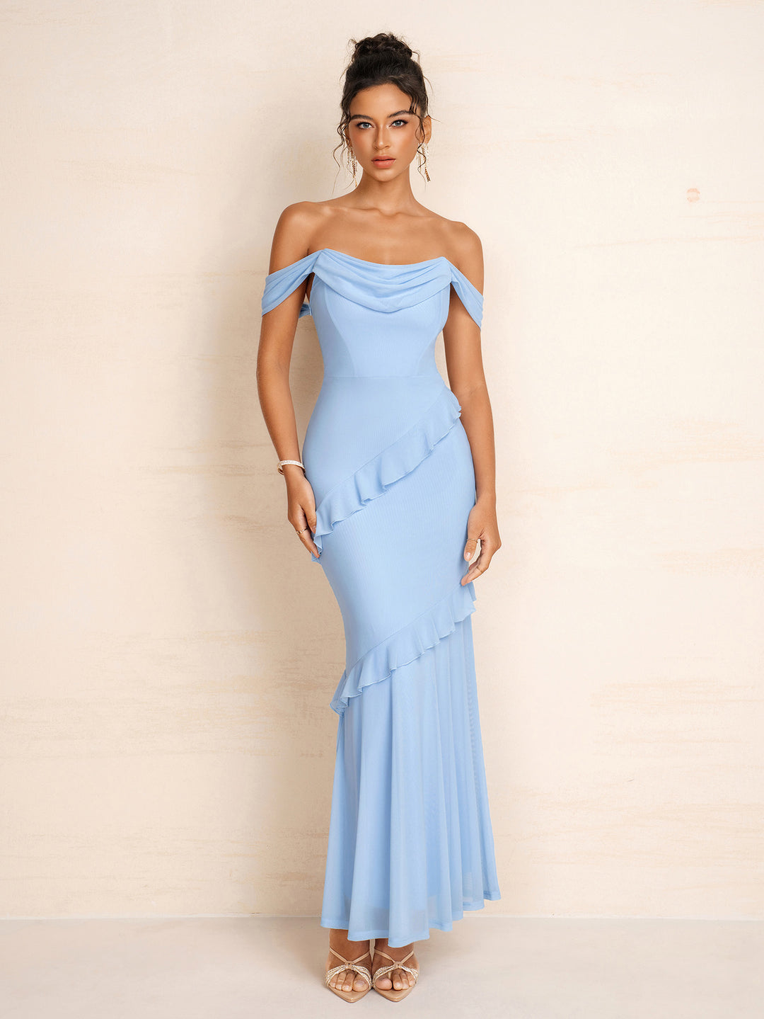 Off Shoulder Flounce Trim Bodycon Mesh Dress