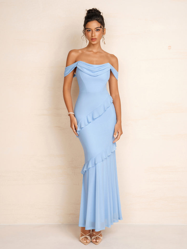 Off Shoulder Flounce Trim Bodycon Mesh Dress