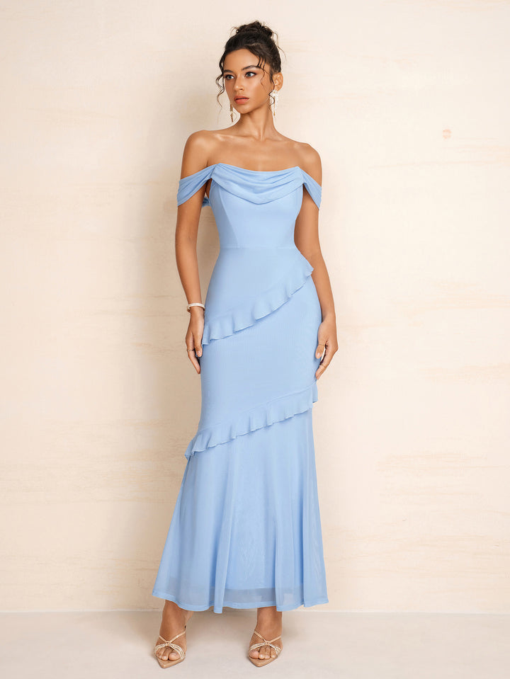 Flounce Trim Off Shoulder Bodycon Mesh Dress