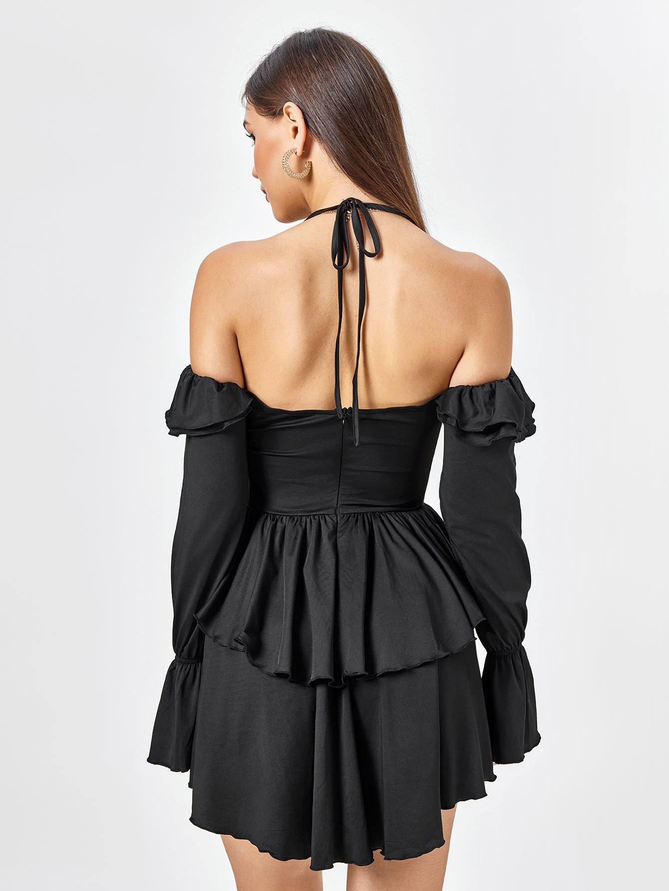 halter off shoulder ruffle cami dress#color_black