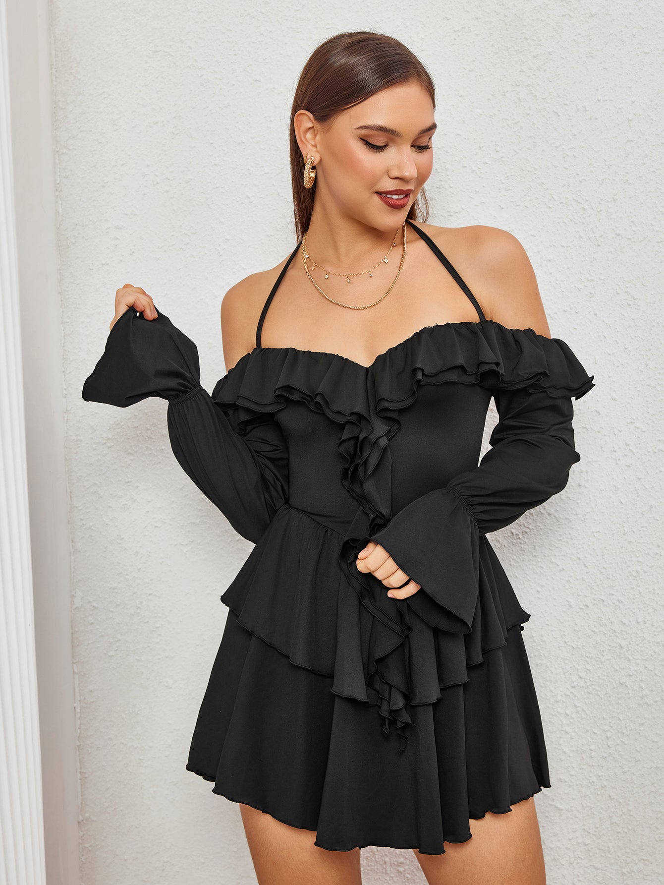 ruffle halter off shoulder cami dress#color_black