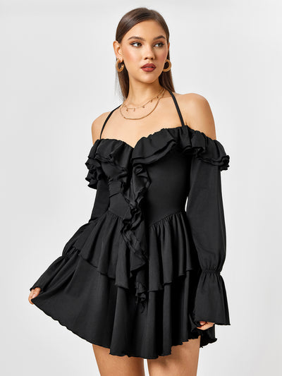 off shoulder halter ruffle cami dress#color_black
