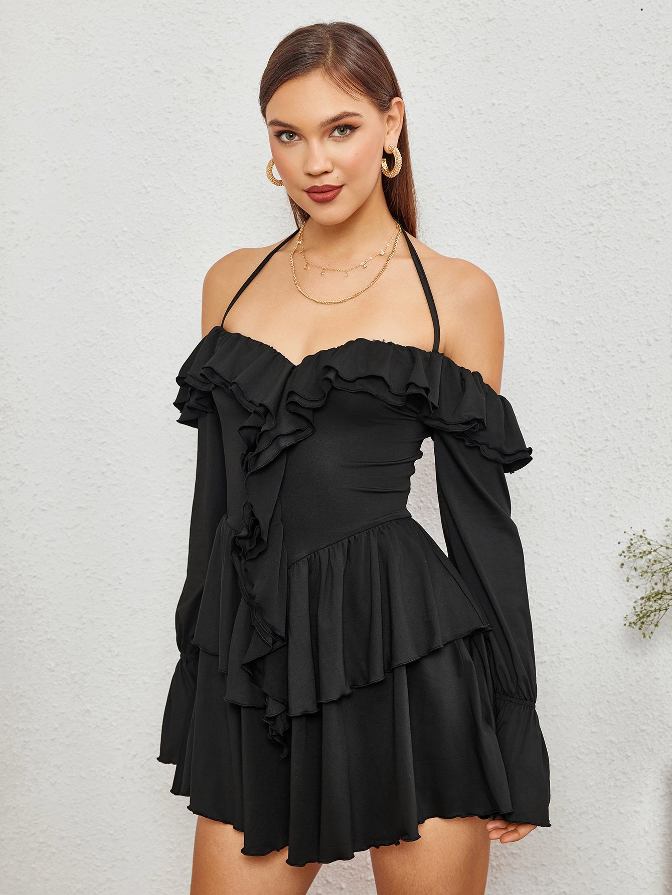 Off Shoulder Halter Ruffle Tiered Dress – Parthea Fashion