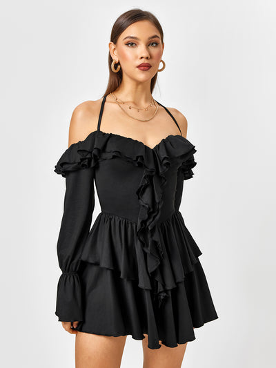 ruffle off shoulder halter cami dress#color_black