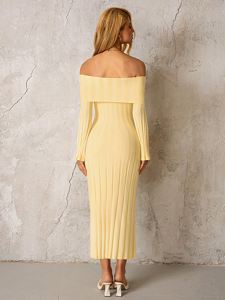 Off Shoulder Bodycon Knitted Dress#color_yellow