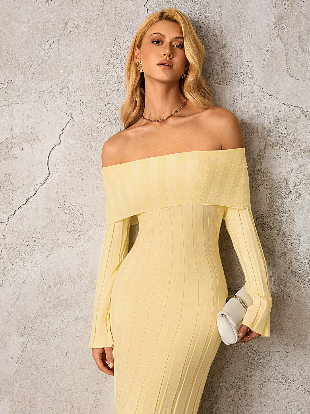 Bodycon Off Shoulder Knitted Dress#color_yellow