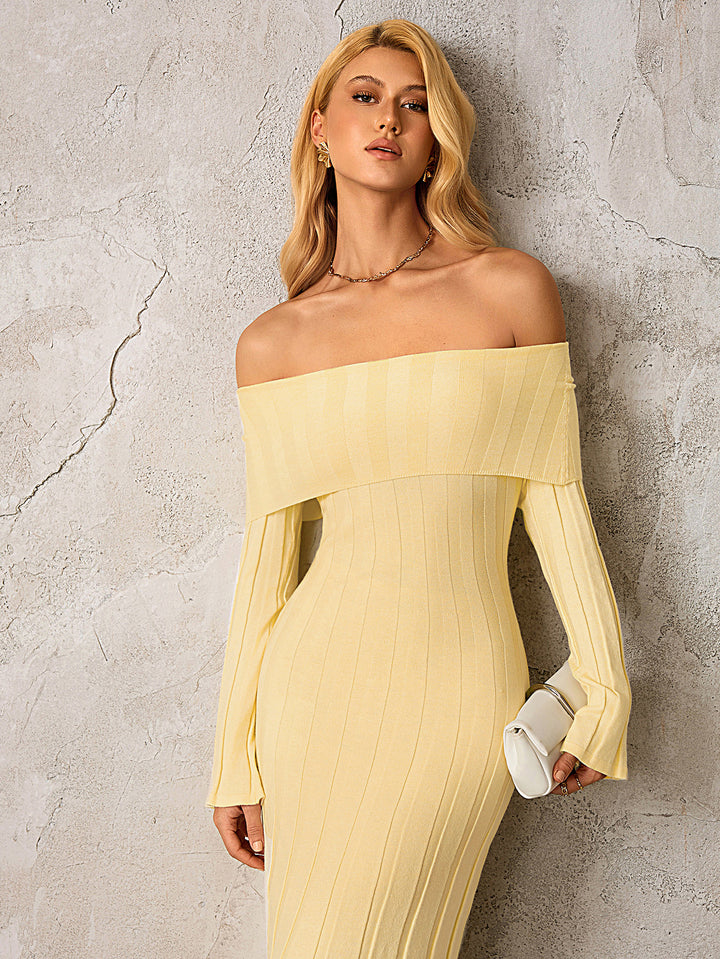 Bodycon Off Shoulder Knitted Dress#color_yellow