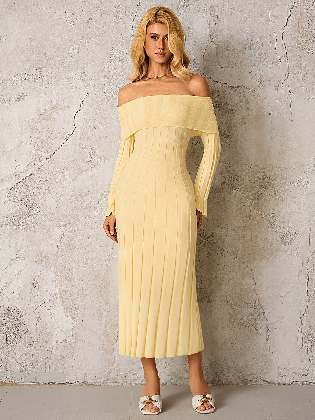 Off Shoulder Knitted Bodycon Dress#color_yellow