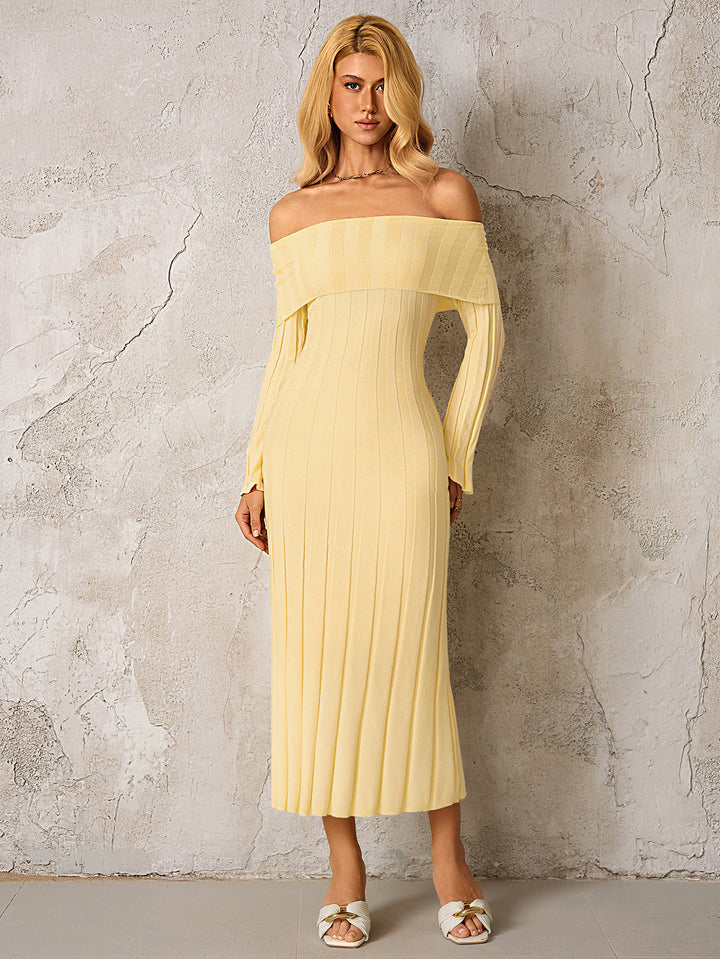 Off Shoulder Knitted Bodycon Dress#color_yellow
