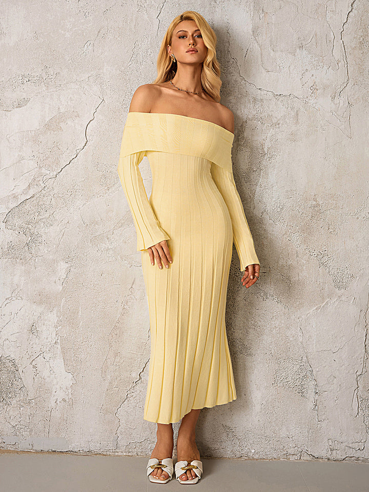 Knitted Bodycon Off Shoulder Dress#color_yellow