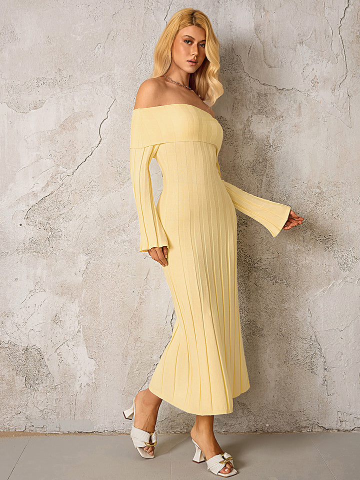 Knitted Off Shoulder Bodycon Dress#color_yellow