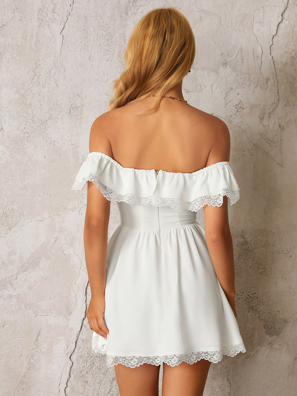 Off Shoulder Bow Tie Front Lace Trim Mini Dress#color_white