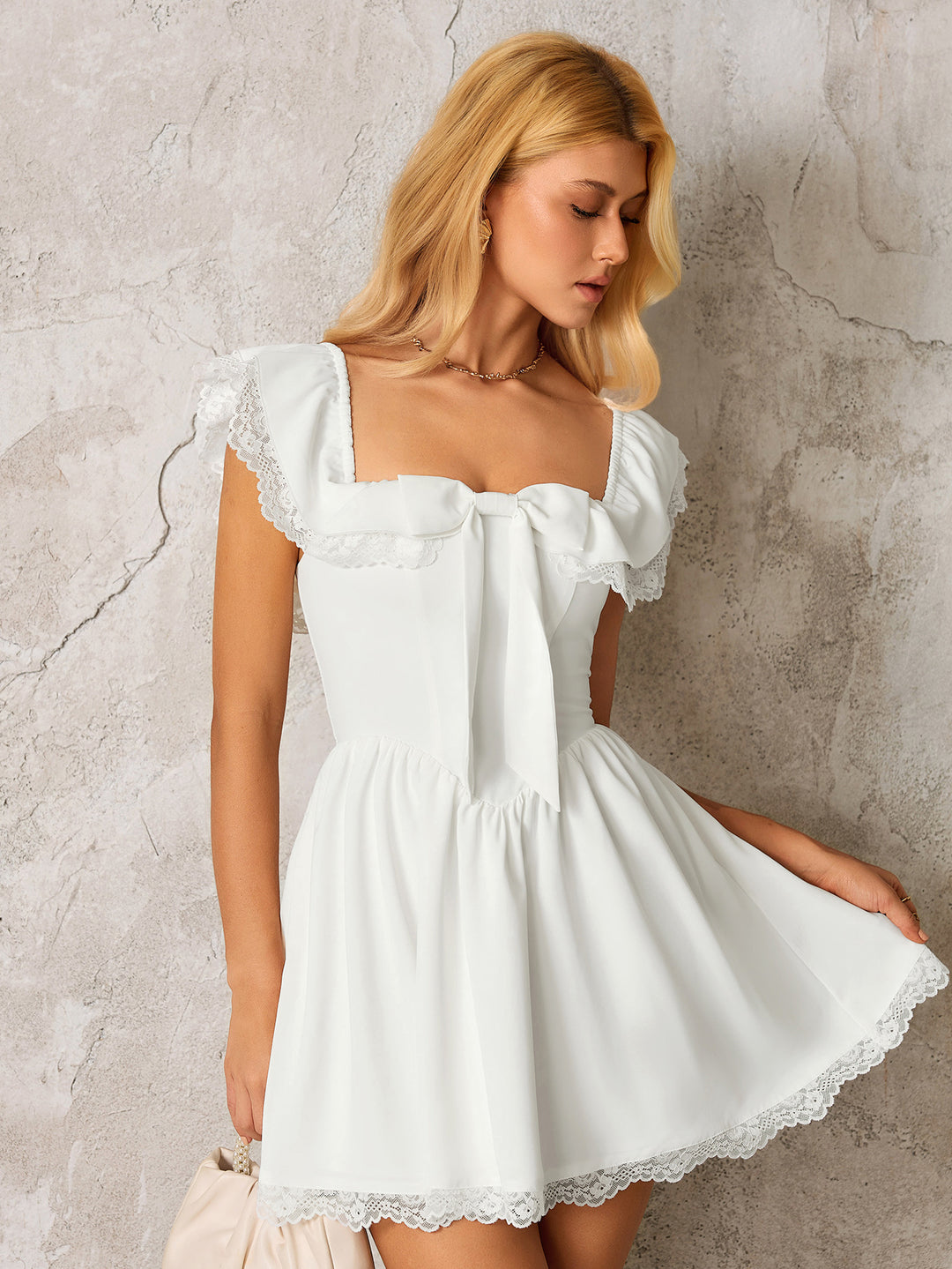 Bow Tie Front Off Shoulder Lace Trim Mini Dress#color_white