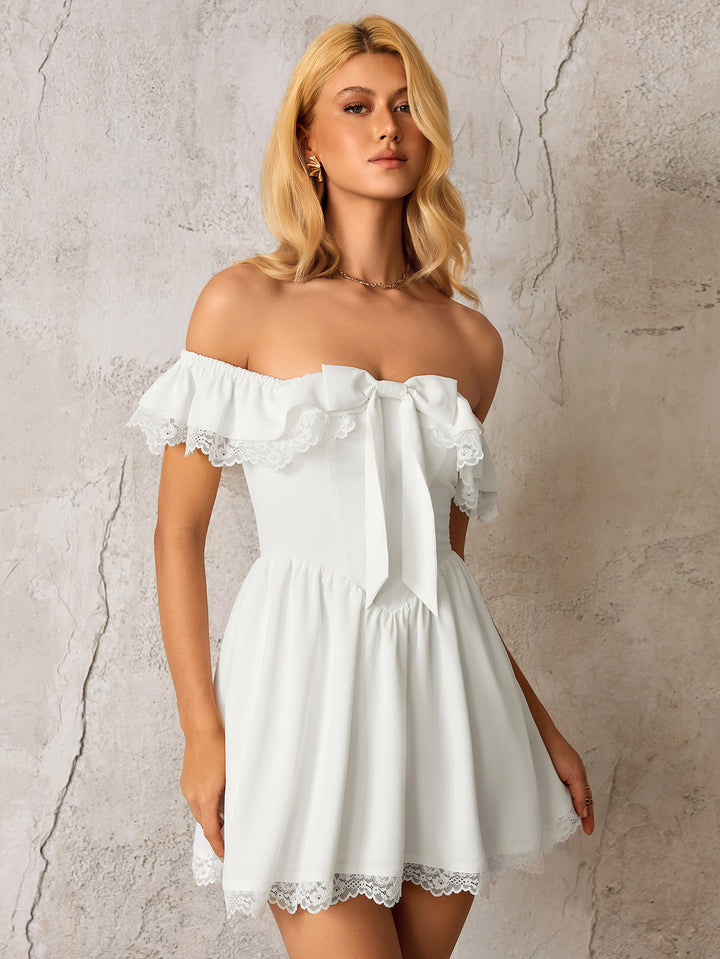 Lace Trim Bow Tie Front Off Shoulder Mini Dress#color_white