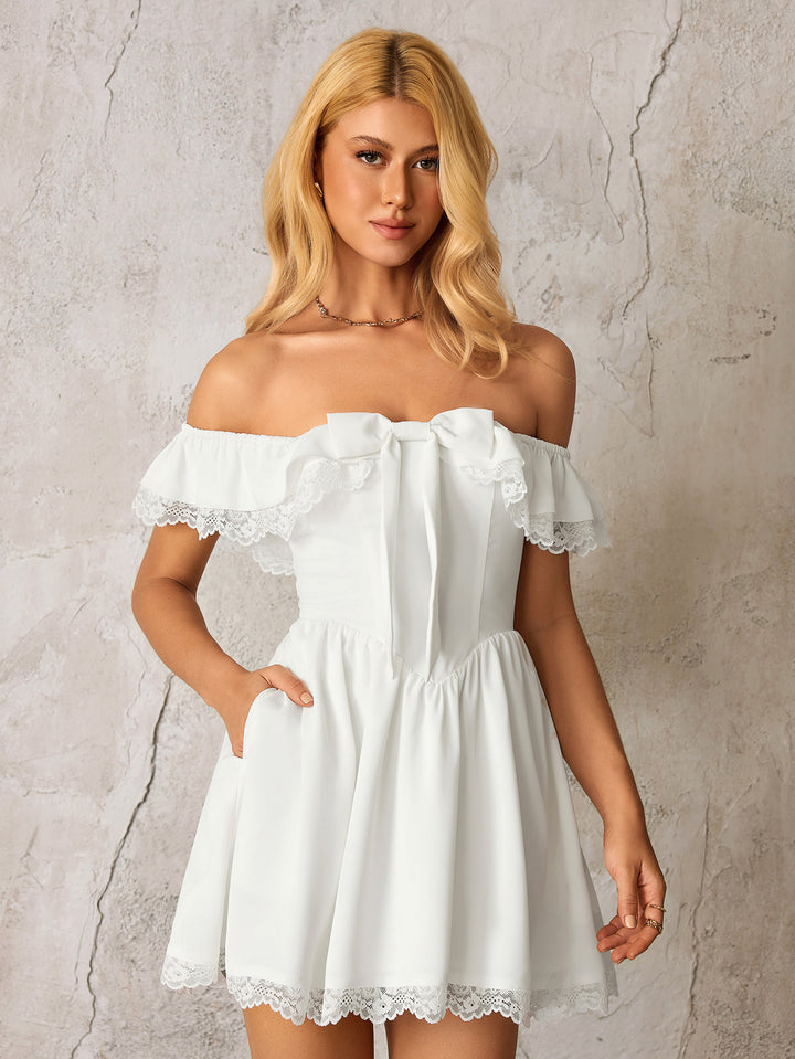 Lace Trim Off Shoulder Bow Tie Front Mini Dress#color_white