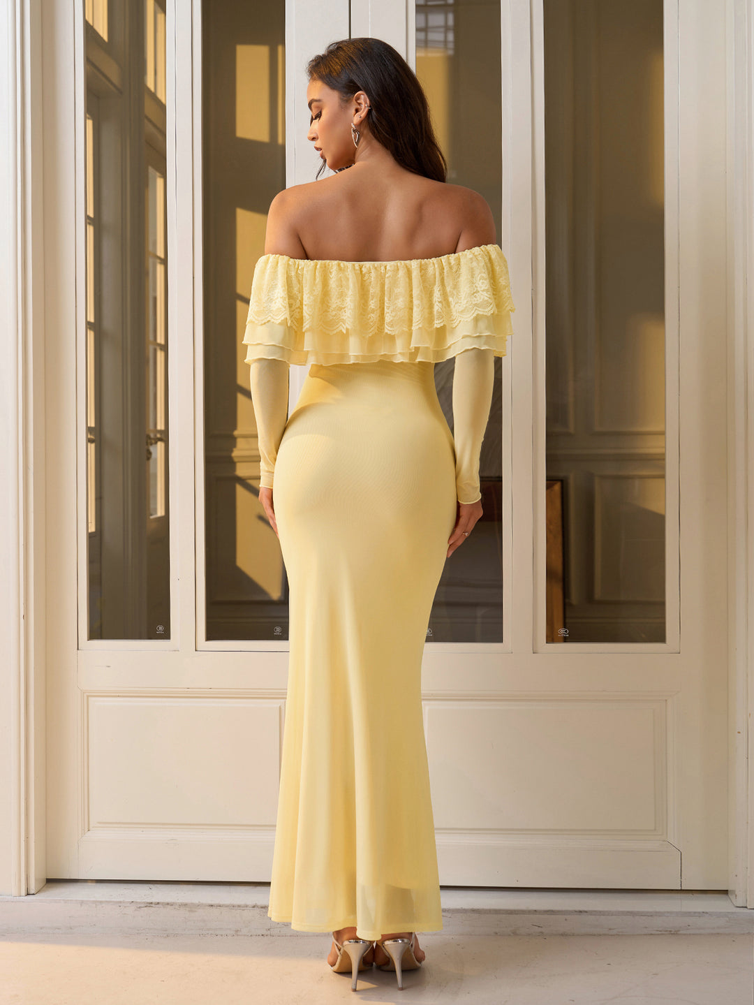 Off Shoulder Long Sleeve Bodycon Mesh Dress, Yellow / XS