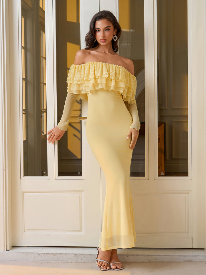 Off Shoulder Long Sleeve Bodycon Mesh Dress#color_yellow