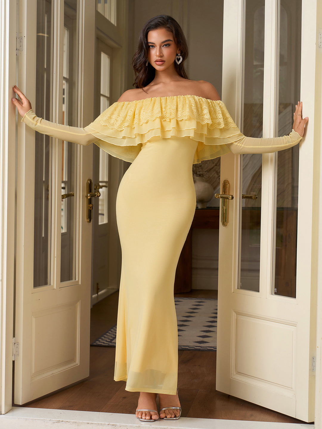 Long Sleeve Bodycon Off Shoulder Mesh Dress#color_yellow