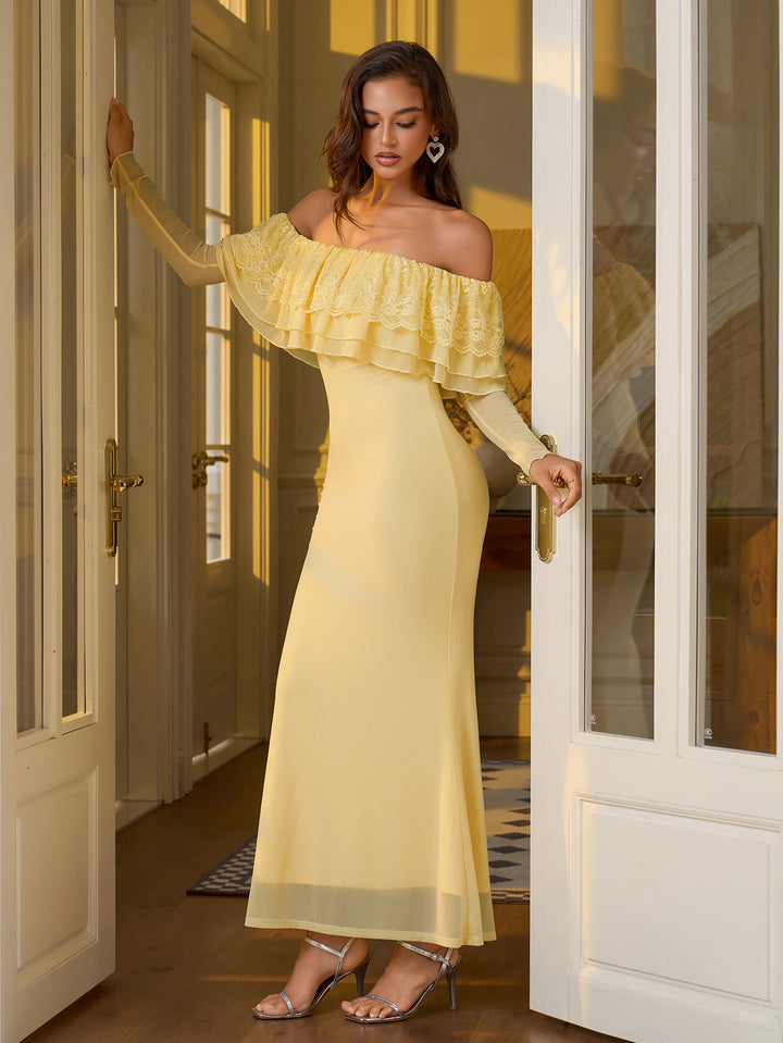 Long Sleeve Off Shoulder Bodycon Mesh Dress#color_yellow