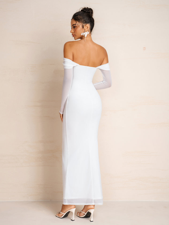 Off Shoulder Solid Long Sleeve Mesh Dress