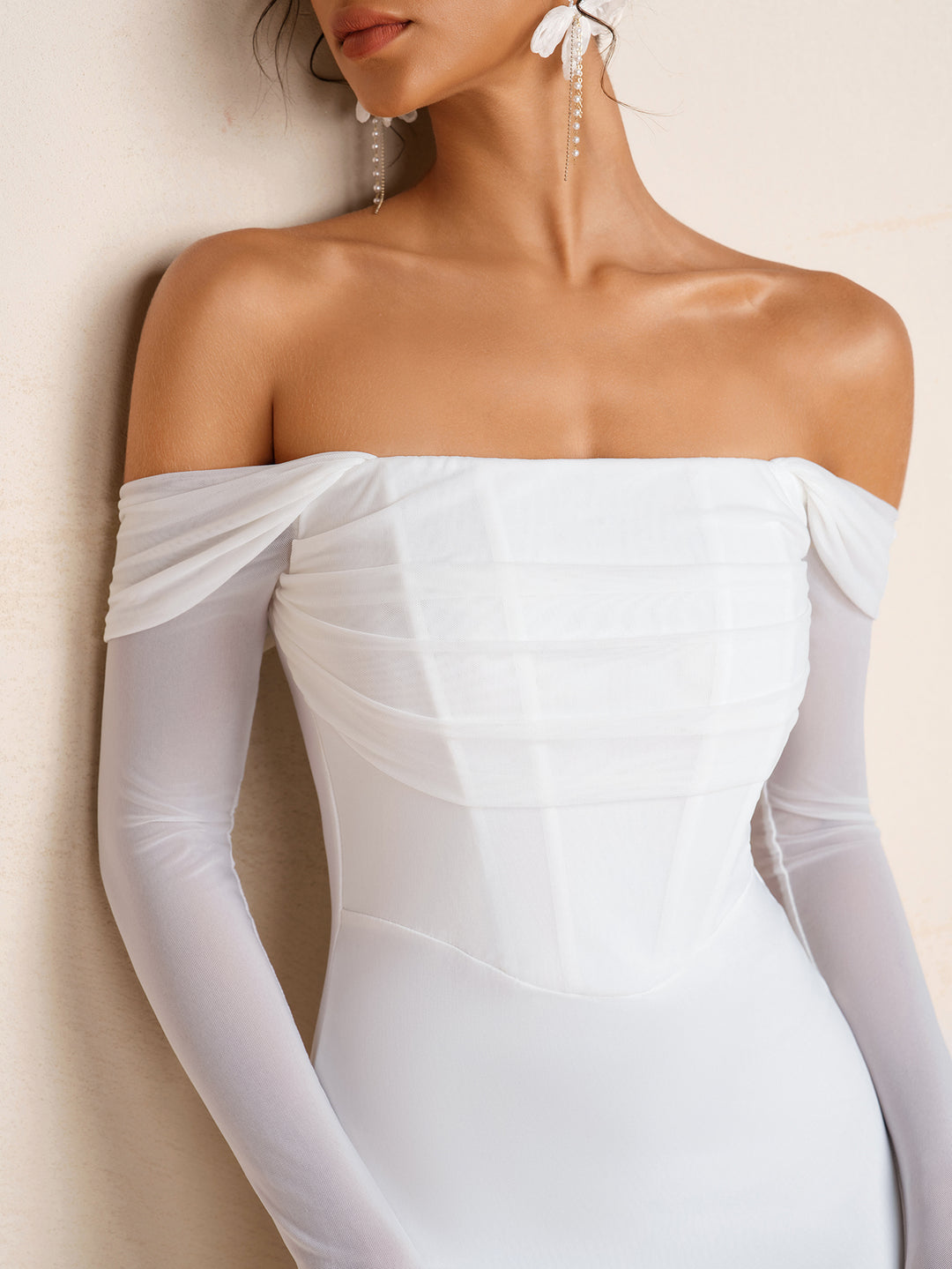Solid Long Sleeve Off Shoulder Mesh Dress