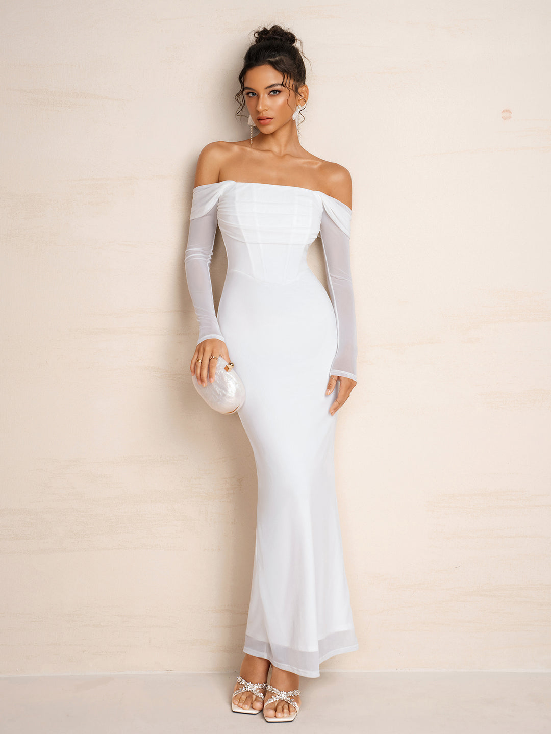 Solid Off Shoulder Long Sleeve Mesh Dress