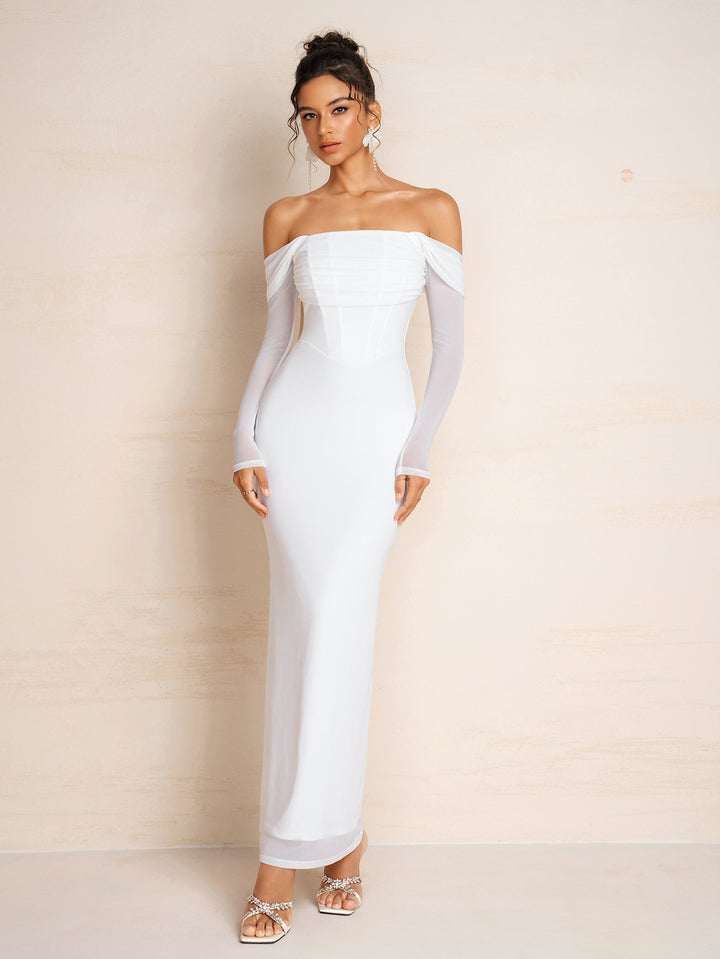 Off Shoulder Long Sleeve Solid Mesh Dress