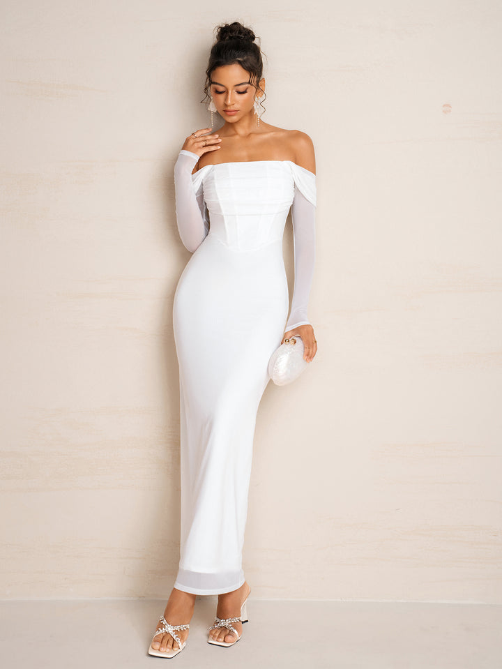 Long Sleeve Solid Off Shoulder Mesh Dress