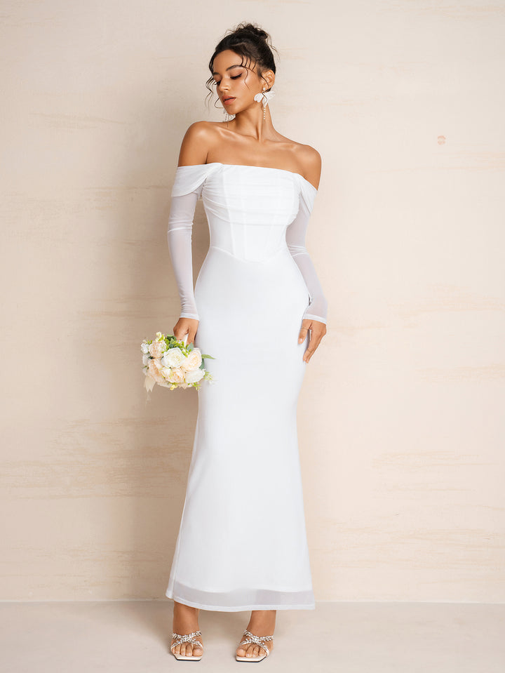 Long Sleeve Off Shoulder Solid Mesh Dress