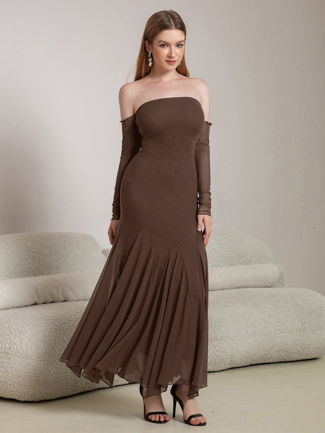 Off Shoulder Pleated Hem Mesh Bodycon Dress, Brown / XS