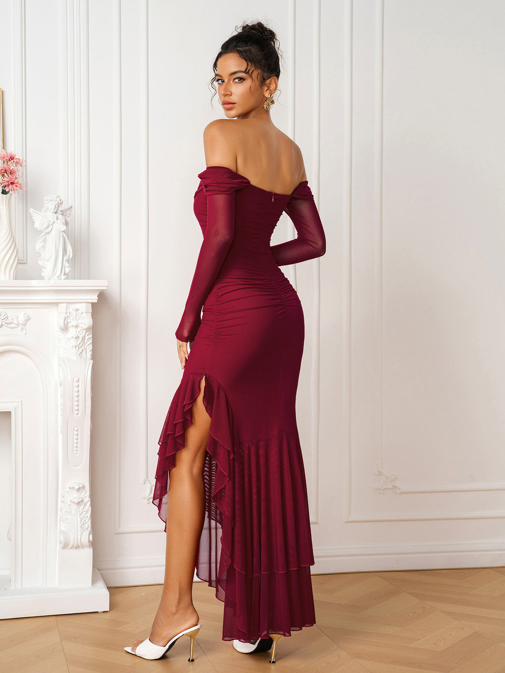Off Shoulder Asymmetrical Hem Ruched Mesh Dress#color_wine